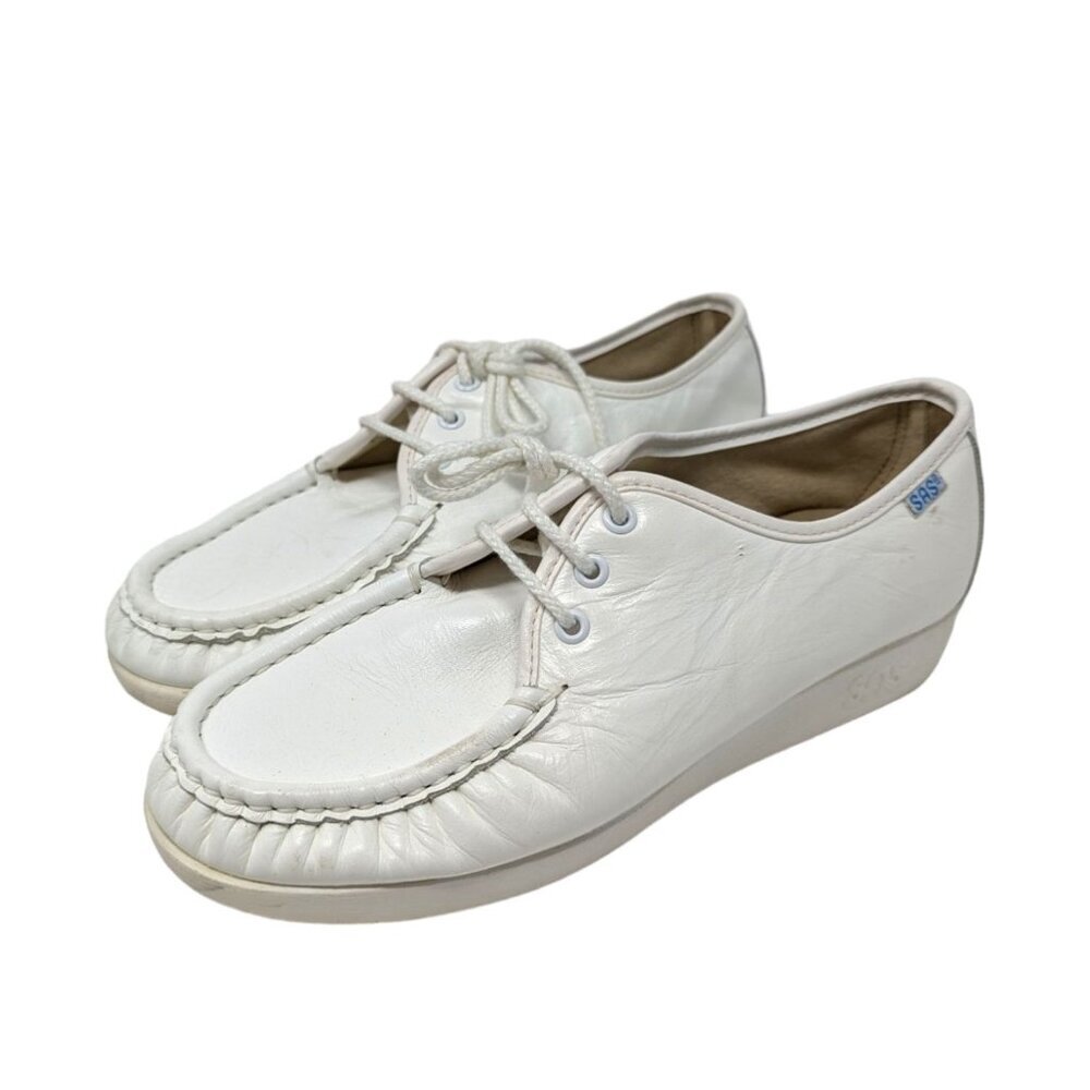SAS Siesta White Leather Low Profile Nursing Comfort Shoes Moccasins Size 8 WW